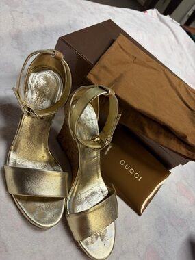 Gucci Metallic Gold Leather Wedge Sandals
